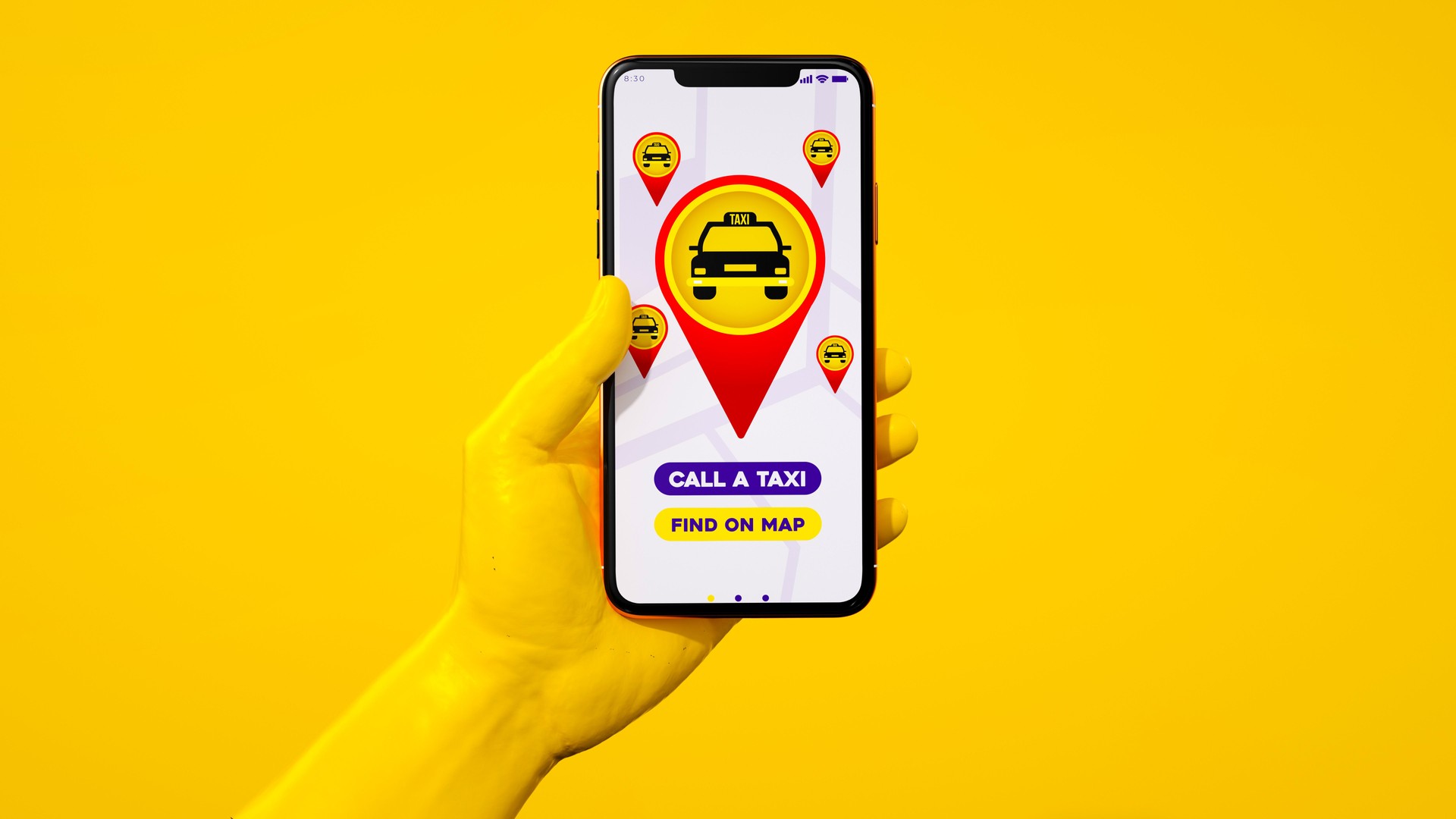 Ride-Sharing Concept: Smartphone Displaying Taxi App Interface with Yellow Background, Icons, and Location Pins in a Vibrant 3D Isometric Style